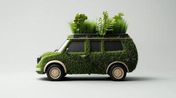 A car with grass on top and plants on the roof photo