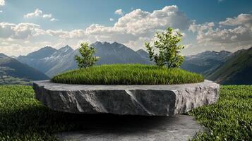 A rock with grass and trees on top of it photo
