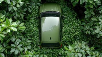 A car is parked in the middle of a green forest photo