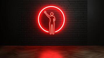 Red neon sign on a brick wall with a man in the circle photo