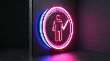 A neon sign with a man standing in front of a door photo