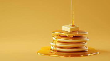 Pancakes with syrup and butter on yellow background photo