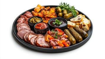 A platter with meat, vegetables and pickles photo