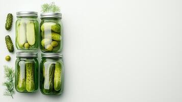 Pickles in jars on white background photo