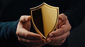 A person holding a gold shield in their hands photo