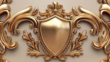 Golden shield with ornate design on a beige background photo
