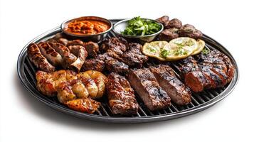 A large plate with meat and vegetables on it photo