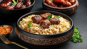 Arabic food with meat and dates on a black background photo