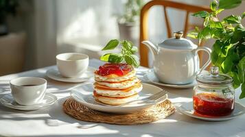 A stack of pancakes on a plate with jam photo