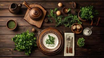 A table with a bowl of herbs and vegetables photo