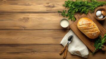 Bread, eggs and herbs on a wooden table photo