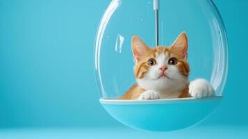 A cat is inside a glass ball on a blue background photo