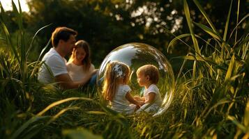A family is sitting in a bubble in the grass photo