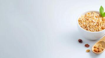 Rice and raisins in a bowl with a wooden spoon on a white background photo