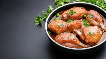 Chicken in a pot with gravy and parsley photo