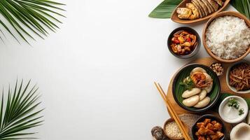 Asian food with rice, coconut, and palm leaves on white background photo