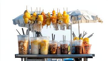 A cart with a variety of food items on it photo