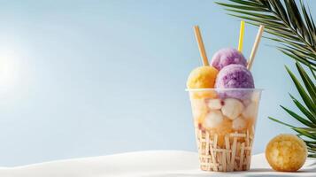 A plastic cup filled with ice cream and fruit photo
