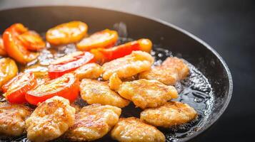 Chicken nuggets and tomatoes frying in a pan photo