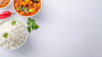 Indian food with rice and vegetables on white background photo