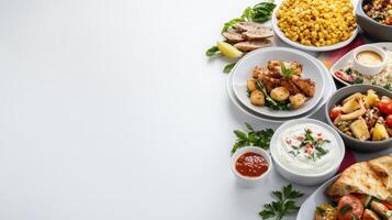 A variety of different foods are arranged on a white table photo