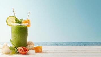 A green smoothie with fruit and vegetables on a wooden table photo