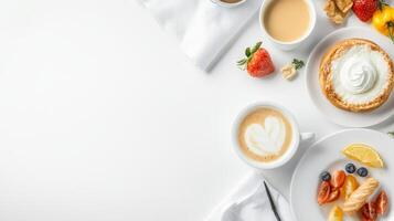 Breakfast with coffee and fruit on white table photo