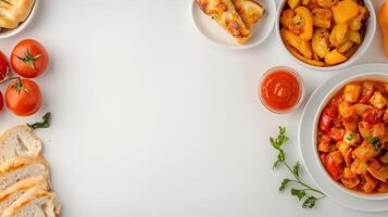 A variety of food is arranged on a white table photo