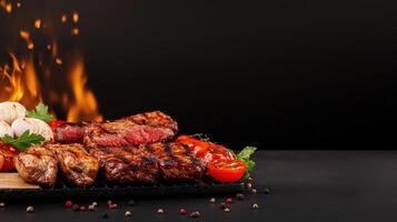 Grilled meat and vegetables on a grill with flames photo