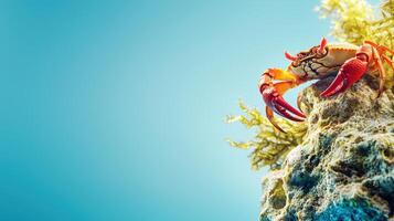 A crab on top of a rock with seaweed photo