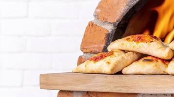 A brick oven with several pizza rolls sitting on top photo