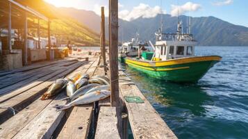 Fishing boats and fish on the dock at sunset photo