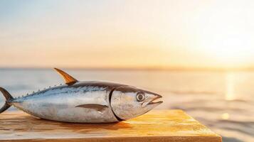 A tuna fish sitting on a wooden table in front of the ocean photo