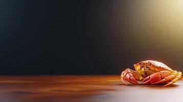 A crab sitting on a wooden table with a bright light photo