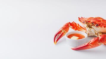 A crab with a bowl of butter and a knife photo