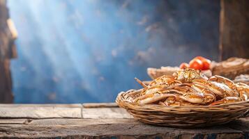 Crab in basket on wooden table photo