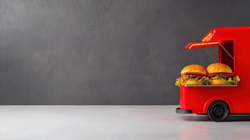 A red food truck with hamburgers on it photo