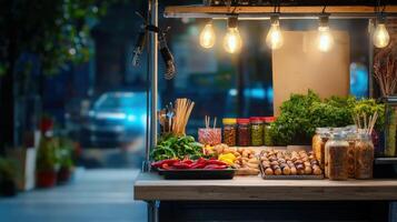 A food stand with food and lights on it photo