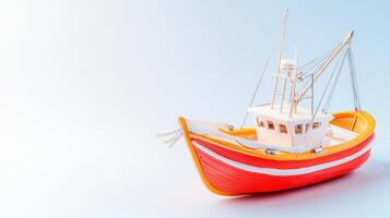 A small red and white fishing boat on a blue background photo