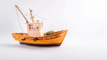 A small wooden boat on a white background photo