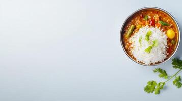 Indian food with rice and vegetables on a white background top view photo