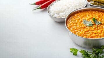 Indian food with rice and vegetables in a metal container photo