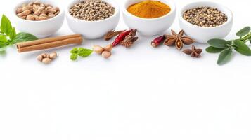 Various spices and herbs in bowls on a white background photo