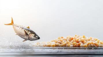 A fish jumping over corn on a table photo