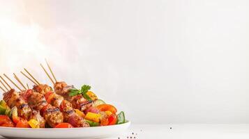 A plate with skewers of meat and vegetables photo