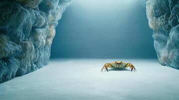 A crab is standing in a cave with light coming from the top photo