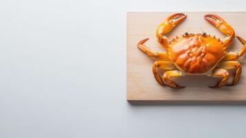 A crab is sitting on a wooden cutting board photo