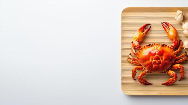 A crab and two other crabs on a bamboo cutting board photo
