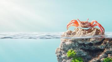 A crab is sitting on top of a rock in the ocean photo