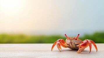 A crab on a wooden table with a blurry background photo